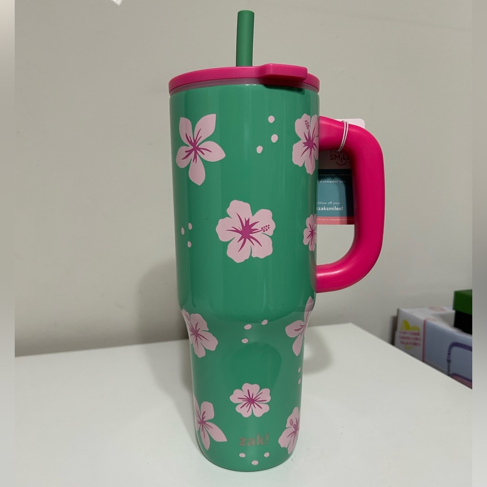 Zak! Green Cherry Blossom Floral Tumbler‎ with Straw